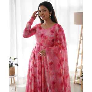 ENSEMBLE COSTUME ANARKALI ORGANZA DOUX PURE AVEC DKB-28 ENTIÈREMENT COUDU - Product Image 1