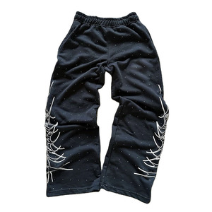 Custom <b>Men's</b> Black Elastic Waist Sweatpants With <b>White</b> Embroidery Pattern Casual Autumn Wear 100% Cotton Midweight Knitted <b>Pants</b> - Product Image 1