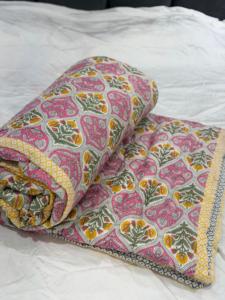 Premium Jaipuri Pure Malmal Dohar Pink Floral Block Print Mulmul Cotton Summer <b>Quilt</b> <b>Bedding</b> Fabric - Product Image 1