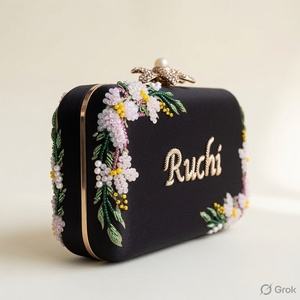 Black Velvet Beaded <b>Clutch</b> with Floral Embroidery Chains Flap Closure Elegant Evening Bag Ruchi - Product Image 4
