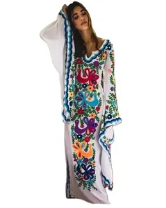 Awesome Antique Handmade Embroidered Butterfly Long Kaftan Wide Sleeve High Quality Designer Fashion Women Chic Gypsy Dress