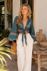 Bohemian Long Bell Sleeve Silk Tie <b>Top</b> for Women Hippie Wrap Crop <b>Top</b> Floral Print Summer Wear Front Tie <b>Top</b> for Beach Wear Bulk - Product Image 5