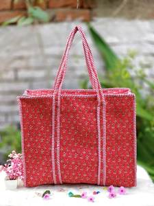 Best Quality Red <b>Mini</b> Floral Cotton Kantha Quilted Storage Tote Bag Women Shoulder Travel Carrying Handbag Striped Strap - Product Image 1