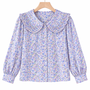 Chemisier à motif floral pour femme avec col plissé à volants et manches longues, idéal pour les vacances de printemps et les détaillants de mode boutique - Product Image 1