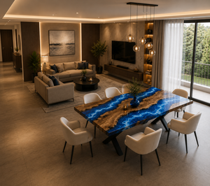 Table de salle à manger en résine bleu océan sur mesure, table de salle à manger en noyer avec bord naturel, mobilier en bois moderne, planche de cuisine de luxe - Product Image 1