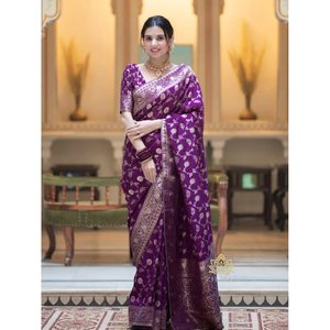 Attractive Banarasi Silk Brocade with Zari Work <b>Saree</b> and Unstitched Blouse in <b>Purple</b> - Product Image 1