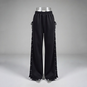 Black Fleece Wide Leg <b>Lace</b>-Up Side Sweatpants – High-Waisted <b>Elastic</b> Waist Athleisure Pants - Product Image 1
