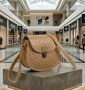 Sac bandoulière en cuir d'autruche gaufré beige pour femme : design vintage, doublure en cuir, porté main et épaule, tendance - Product Image 2