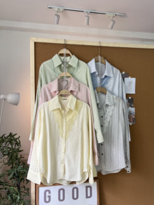 Camisa de Manga Larga a Rayas para Mujer, Modelo L816, de Algodón Grueso Tejido, con Cuello Camisero, Estilo Casual, Primavera-Verano, con Parches de Encaje, Color Pastel - Product Image 6