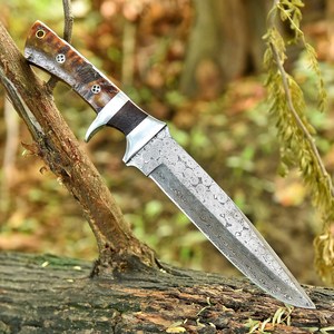 Cuchillo Bowie de Caza de Hoja Fija de Acero de Damasco de Grado Industrial de Alta Calidad UA Supplies con Punta Caída y Mango de Cuerno de Carnero OEM/ODM - Product Image 3