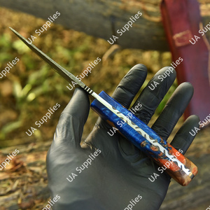 Cuchillo de hoja fija de acero de Damasco de grado industrial con punta caída y mango de resina de madera para camping, caza y uso al aire libre - ODM/OEM disponible - Product Image 4