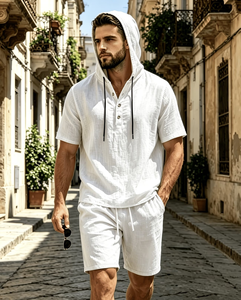 Men's Cotton Hooded Short Sleeve Shirt Set Solid Casual Summer Breathable Woven Quick Dry 120g 2pcs Made Bangladesh Customized - Product Image 1