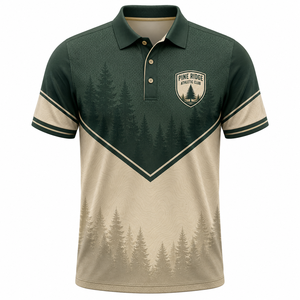 Polo de Manga Corta para Hombre Pine Ridge Athletic Club, Verde Beige con Estampado Forestal, Transpirable, Estilo Casual - Product Image 1