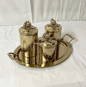 Ensemble de boîtes de conservation de cuisine en métal martelé doré de qualité supérieure, contenants de rangement alimentaires avec plateau de service, boîte à épices et à aliments secs - Product Image 1