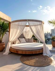 <b>Round</b> Canopy Sun Lounger Daybed Outdoor Wood Teak Frame Memory Foam <b>Cushion</b> Contemporary Design Patio Furniture - Product Image 1
