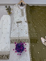 Ensemble haut en georgette blanche, pantalon palazzo et dupatta, de créateur indien, pour femmes, vêtements ethniques style traditionnel Inde Pakistan.