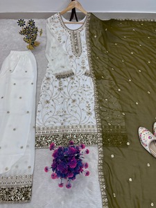 <b>Indian</b> Boutique Designer White Georgette <b>Top</b> With Plazzo And Dupatta Set For Women Ethnic Wear India Pakistan Traditional Style - Product Image 4