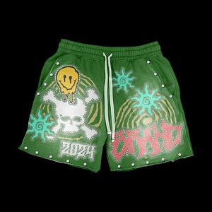 Shorts de alta calidad de 300 GSM, mezcla de algodón suave, color azul, con estampado gráfico, detalles con tachuelas, logotipo personalizado, shorts para mujer. - Product Image 4
