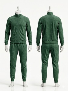 Ensemble de survêtement vert uni pour homme, en coton, coupe décontractée, col montant, fermeture éclair, coupe régulière, style automne - Product Image 1