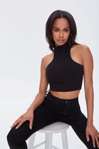 Top Corto de Punto con Cuello Alto para Mujer, Color Negro Sólido, Estilo Minimalista, Transpirable, Tejido de Spandex y Poliéster - Product Image 3