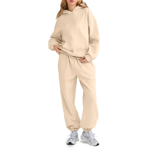 Conjunto Deportivo con Capucha para Mujer, Color Beige, Manga Larga, Estilo Casual, Holgado, Sudadera y Pantalones con Bolsillos Laterales, Ropa de Otoño - Product Image 1