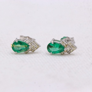 Wholesale 14k White Gold Natural Pear <b>Emerald</b> Geometric Diamond Cluster <b>Stud</b> Earrings Memoria Jewels - Product Image 2