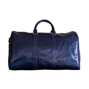 Custom Logo Genuine <b>Leather</b> Duffle <b>Bag</b> Blue Solid Color Zipper Closure Casual Travel <b>Bag</b> 30-40L Capacity <b>Soft</b> Handle - Product Image 1