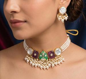 Parure de bijoux vintage en laiton avec perles d'imitation, collier pendentif à pompon en zircon et boucles d'oreilles assorties, style ethnique pour femme, cadeau de mariage ou de fête - Product Image 1