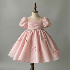 Vestido de fiesta de cumpleaños de satén rosa para niñas, vestido de princesa con mangas abullonadas y lazo, venta al por mayor para niñas de 1 a 12 años - Product Image 1