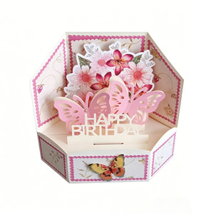 Carte de vœux créative 3D pop-up hexagonale 2026 pour anniversaire, en papier avec vernis mat, papillon rose, fleur découpée au laser, pour maman - Product Image 5