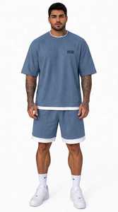 ONETEN APPAREL Conjunto de Dos Piezas para Hombre, Camiseta de Manga Corta con Cuello Redondo Azul Grisáceo y Pantalones Cortos con Ribete en Contraste - Product Image 6