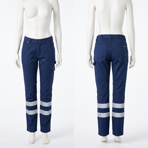 Pantalon de travail unisexe coupe droite en velours côtelé 260 GSM, coton et polyester, imperméable, respirant, bleu marine, avec empiècements réfléchissants sur les jambes, style cargo - Product Image 1