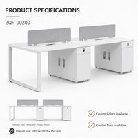Poste de travail de bureau pour 4 personnes avec armoires de rangement et séparateurs en tissu, 2800 mm, blanc, mobilier de bureau modulaire