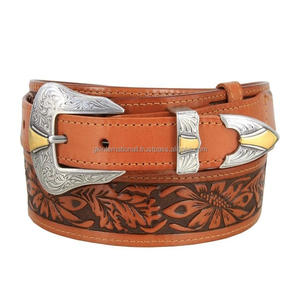 Ceinture d'outillage en cuir western pour hommes en relief floral sculpté à la main à une seule couche de grain avec ensemble de boucles florales de 3 pièces de créateur - Product Image 2