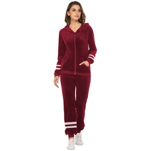 Burgundy Velvet Sweatsuit for <b>Women</b> <b>Zip</b> <b>Up</b> Hooded <b>Jacket</b> and Joggers Set Soft Two Piece Tracksuit Striped Athletic Outfit - Product Image 3
