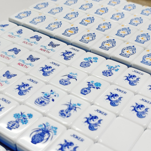 Tuiles de Mahjong en Acrylique Porcelaine Bleue et Blanche 160 Pièces Gravure au Laser Style Américain - Product Image 5