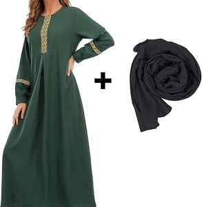 Women Green Solid Color <b>Abaya</b> Long Sleeve Round Neck Floor Length Modest Dress With Embroidery Detail Middle East Style - Product Image 4