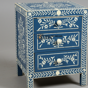 Premium Modern Eco-Friendly <b>Blue</b> Bone Inlay <b>Bedside</b> <b>Table</b> with 2 Drawers Handmade Floral Inlay Nightstand Cabinet - Product Image 3