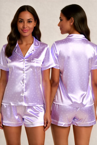 Conjunto de Pijama de Satén Lavanda para Mujer, Manga Corta, Cuello Camisero, Cierre de Botones, Ropa de Dormir para Verano - Product Image 1