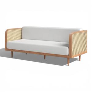 Canapé 3 places en bois de teck naturel de style Mid-Century Modern avec accoudoirs en cannage de rotin tressé à la main et revêtement en tissu blanc minimaliste - Product Image 2