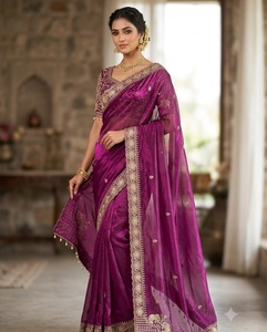 Indian Traditional Ethnic Saree Embroidery <b>Sequins</b> Work Recycled <b>Materials</b> Floor-Length for Wedding Occasion Festive Function - Product Image 1