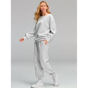 Conjunto de Sudadera de 2 Piezas para Mujer, Color Gris, Manga Larga, Cuello Redondo, Estilo Casual, Holgado, Tejido de Punto, Algodón, Color Sólido, para Todas las Temporadas - Product Image 1
