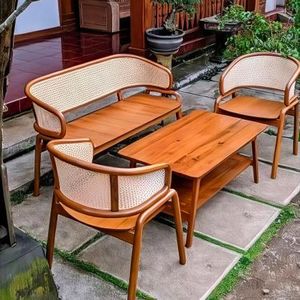 Artisan Crafted Solid Teak Wood <b>Sofa</b> Set with Natural Cane Rattan Weaving for Sophisticated Outdoor Patio and Terrace - Product Image 1