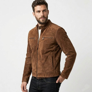 Custom <b>Men's</b> Brown <b>Suede</b> Leather Cafe Racer <b>Jacket</b> Genuine Cowhide Motorcycle Biker <b>Jacket</b> Stand Collar OEM Wholesale - Product Image 5