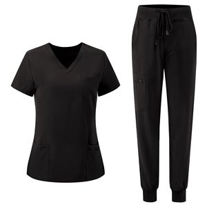 Ensemble de blouses médicales unisexes, uniforme d'infirmière d'hôpital, haut à col en V, pantalon de jogging, tricoté en poly-rayonne élasthanne, extensible dans les 4 sens, sans couture - Product Image 1