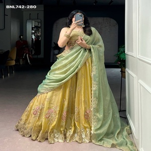 Best Quality NC Moss Silk with <b>Sequin</b>-Thread Embroidered <b>Flared</b> Can-Can Yellow Lehenga-Choli Set with Batwa Wholesale Supply - Product Image 1