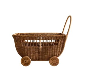 Panier de style poussette en rotin naturel tressé à la main avec roulettes pour bébé, rangement décoratif, rangement pour chambre d'enfant - Product Image 2