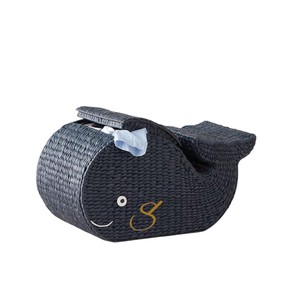 Panier en jacinthe d'eau bleu marine tressé avec couvercle, organisateur de rangement décoratif, décoration nautique pour salle de bain - Product Image 1