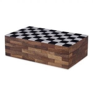 Caja Decorativa de Madera Natural y Resina, Diseño Único Indio en Blanco y Negro, Caja con Incrustaciones de Resina en Negro con Patrón Marroquí - Product Image 1