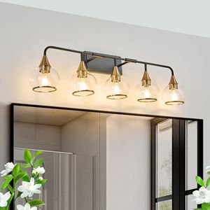 40\" Modern 5-<b>Light</b> Bathroom Vanity Wall <b>Sconce</b> Industrial Black Gold <b>Light</b> Fixture Clear Glass Shades Wall Mounted Lighting - Product Image 4